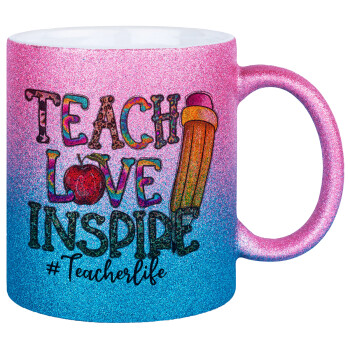 Teach, Love, Inspire, Κούπα Χρυσή/Μπλε Glitter, κεραμική, 330ml
