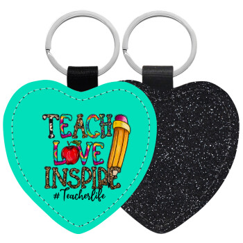 Teach, Love, Inspire, Μπρελόκ PU δερμάτινο glitter καρδιά ΜΑΥΡΟ
