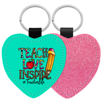 Teach, Love, Inspire, Μπρελόκ PU δερμάτινο glitter καρδιά ΡΟΖ