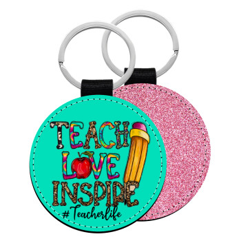 Teach, Love, Inspire, Μπρελόκ Δερματίνη, στρογγυλό ΡΟΖ (5cm)