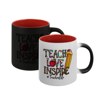 Teach, Love, Inspire, Κούπα Μαγική εσωτερικό κόκκινο, κεραμική, 330ml που αλλάζει χρώμα με το ζεστό ρόφημα