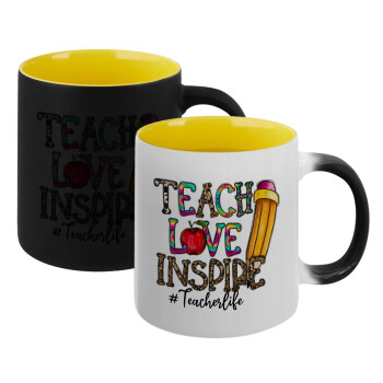Teach, Love, Inspire, Κούπα Μαγική εσωτερικό κίτρινη, κεραμική 330ml που αλλάζει χρώμα με το ζεστό ρόφημα (1 τεμάχιο)