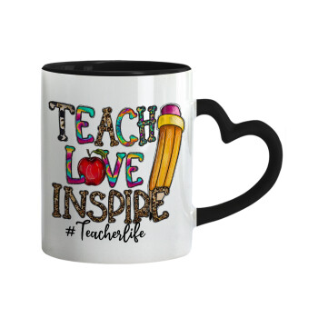 Teach, Love, Inspire, Κούπα καρδιά χερούλι μαύρη, κεραμική, 330ml