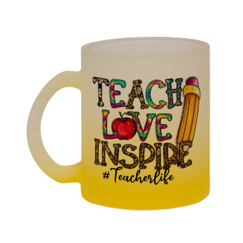 Teach, Love, Inspire, Κούπα γυάλινη δίχρωμη με βάση το κίτρινο ματ, 330ml