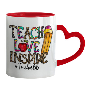 Teach, Love, Inspire, Κούπα καρδιά χερούλι κόκκινη, κεραμική, 330ml