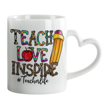 Teach, Love, Inspire, Κούπα καρδιά χερούλι λευκή, κεραμική, 330ml