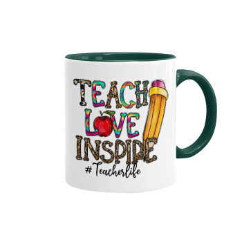 Teach, Love, Inspire, Κούπα χρωματιστή πράσινη, κεραμική, 330ml