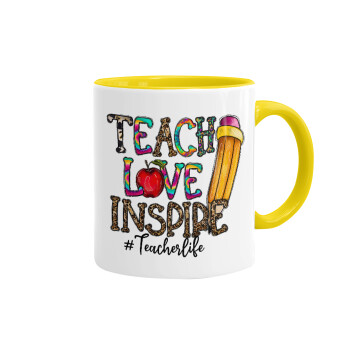 Teach, Love, Inspire, Κούπα χρωματιστή κίτρινη, κεραμική, 330ml