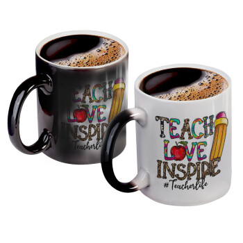 Teach, Love, Inspire, Color changing magic Mug, ceramic, 330ml when adding hot liquid inside, the black colour desappears (1 pcs)