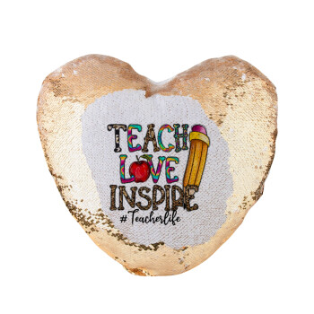Teach, Love, Inspire, Μαξιλάρι καναπέ καρδιά Μαγικό Χρυσό με πούλιες 40x40cm περιέχεται το  γέμισμα