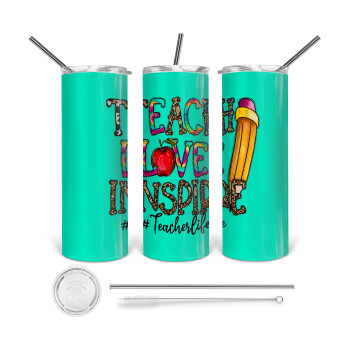 Teach, Love, Inspire, 360 Eco friendly stainless steel tumbler 600ml, with metal straw & cleaning brush