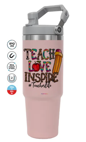 Teach — ΡΟΖ Travel Tumbler Θερμός με χερούλι και καλαμάκι 890ml