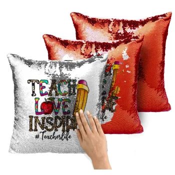 Teach, Love, Inspire, Μαξιλάρι καναπέ Μαγικό Κόκκινο με πούλιες 40x40cm περιέχεται το γέμισμα