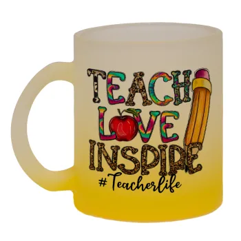 Teach, Love, Inspire, Κούπα γυάλινη δίχρωμη με βάση το κίτρινο ματ, 330ml