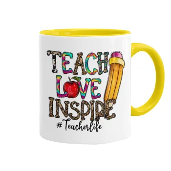 Teach, Love, Inspire, Κούπα χρωματιστή κίτρινη, κεραμική, 330ml