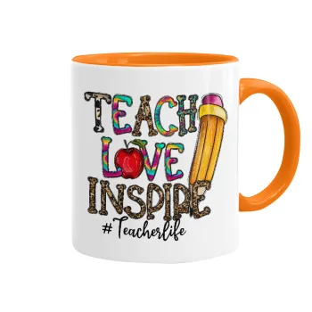 Teach, Love, Inspire, Κούπα χρωματιστή πορτοκαλί, κεραμική, 330ml