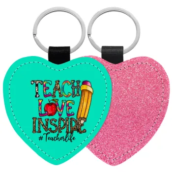 Teach, Love, Inspire, Μπρελόκ PU δερμάτινο glitter καρδιά ΡΟΖ
