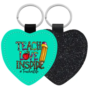 Teach, Love, Inspire, Μπρελόκ PU δερμάτινο glitter καρδιά ΜΑΥΡΟ