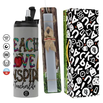 Teach, Love, Inspire, Πασχαλινή Λαμπάδα με Travel Tumbler θερμό (600ml, BPA free) & κερί αρωματικό πλακέ (30cm) (ΓΚΡΙ)