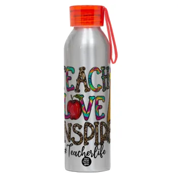 Teach, Love, Inspire, Αλουμινένιο Αθλητικό Μπουκάλι 650ml – Ασημί με Κόκκινο Καπάκι και Λουράκι Σιλικόνης