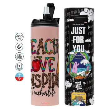 Teach, Love, Inspire, Tumbler stainless steel PINK 600ml