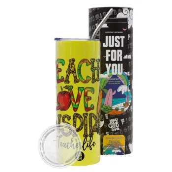 Teach, Love, Inspire, Neon Yellow Travel Tumbler θερμό, μεταλλικό καλαμάκι(Ανωξείδωτο 304 Food grade, BPA free, 600ml)