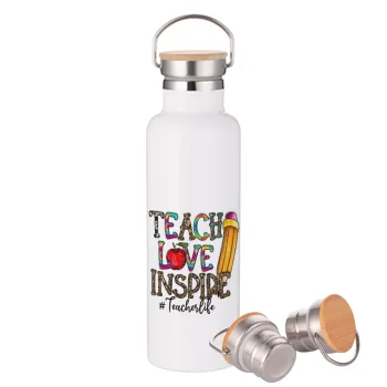 Teach, Love, Inspire, Μεταλλικό παγούρι θερμός (Stainless steel) Λευκό με ξύλινο καπάκι (bamboo), διπλού τοιχώματος, 750ml