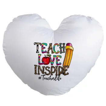 Teach, Love, Inspire, Μαξιλάρι καναπέ καρδιά 40x40cm περιέχεται το  γέμισμα