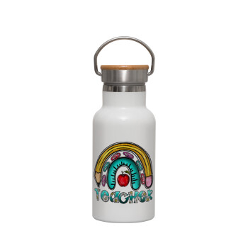 Teacher, Metallic thermos (Stainless steel) White with wooden lid (bamboo), double-walled, 350ml