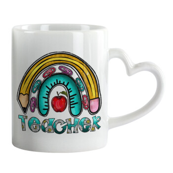 Teacher, Κούπα καρδιά χερούλι λευκή, κεραμική, 330ml