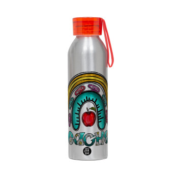 Teacher, Aluminum Sports Bottle 650ml – Silver with Red Cap and Silicone Strap