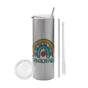 Teacher, Eco friendly stainless steel Silver tumbler 600ml, with metal straw & cleaning brush