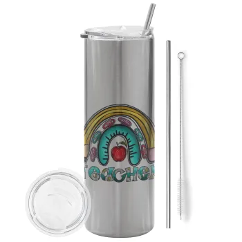 Teacher, Tumbler stainless steel Silver 600ml, with metal straw & cleaning brush