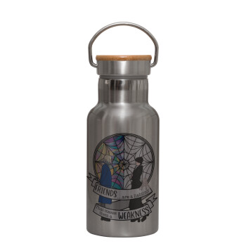 Wednesday window, Stainless steel metallic thermos flask, silver with a bamboo lid, double-walled, 350ml.