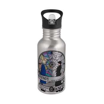 Wednesday window, Water bottle Silver with straw, stainless steel 500ml