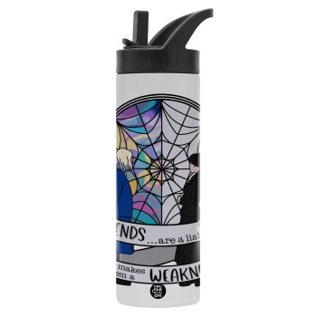 Wednesday window, Μεταλλικό παγούρι θερμός με καλαμάκι & χειρολαβή, ανοξείδωτο ατσάλι (Stainless steel 304), διπλού τοιχώματος, 600ml