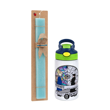 Wednesday window, Easter Set, Children's thermal stainless steel bottle with safety straw, green/blue (350ml) & aromatic flat Easter candle (30cm) (TURQUOISE)