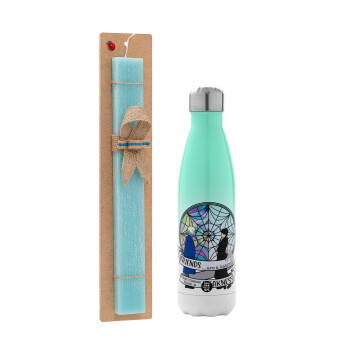 Wednesday window, Easter Set, Metallic green/white thermos (Stainless steel), double-walled, 500ml & scented flat Easter candle (30cm) (TURQUOISE)