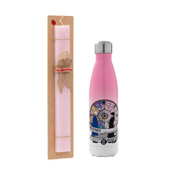 Wednesday window, Easter Set, Metallic pink/white (Stainless steel) thermos, double-walled, 500ml & aromatic flat Easter candle (30cm) (PINK)