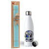Easter Set, metallic stainless steel water bottle (750ml) & aromatic flat Easter candle (30cm) (TURQUOISE)