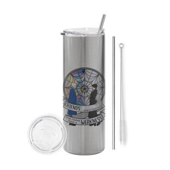 Wednesday window, Eco friendly stainless steel Silver tumbler 600ml, with metal straw & cleaning brush