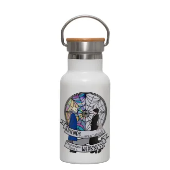 Wednesday window, Metallic thermos (Stainless steel) White with wooden lid (bamboo), double-walled, 350ml