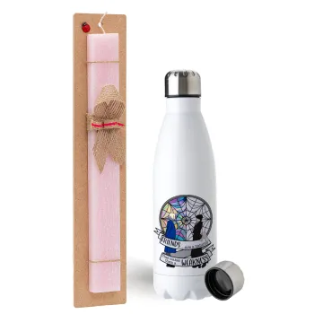 Wednesday window, Easter Set, metallic stainless steel water bottle (750ml) & scented flat Easter candle (30cm) (PINK)