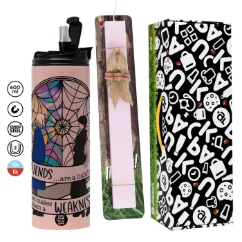 Wednesday window, Πασχαλινή Λαμπάδα με  ΡΟΖ Travel Tumbler θερμό (600ml, BPA free) & κερί αρωματικό πλακέ (30cm) (ΡΟΖ)