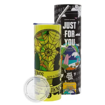 Wednesday window, Neon Yellow Travel Tumbler θερμό, μεταλλικό καλαμάκι(Ανωξείδωτο 304 Food grade, BPA free, 600ml)
