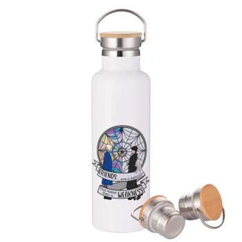 Wednesday window, Μεταλλικό παγούρι θερμός (Stainless steel) Λευκό με ξύλινο καπάκι (bamboo), διπλού τοιχώματος, 750ml