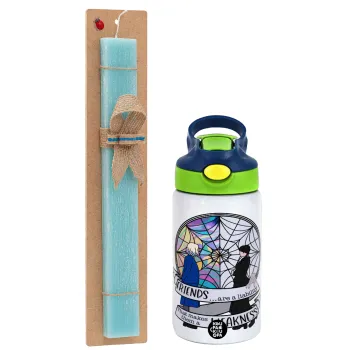 Wednesday window, Easter Set, Children's thermal stainless steel bottle with safety straw, green/blue (350ml) & aromatic flat Easter candle (30cm) (TURQUOISE)