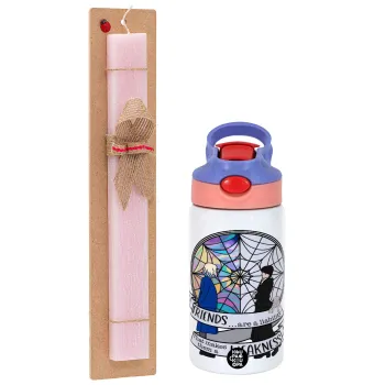 Wednesday window, Πασχαλινή Λαμπάδα με Παιδικό παγούρι θερμό, ανοξείδωτο, με καλαμάκι ασφαλείας, ροζ/μωβ (350ml) & κερί αρωματικό πλακέ (30cm) (ΡΟΖ)