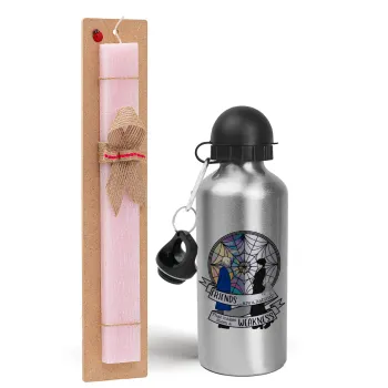 Wednesday window, Easter Set, metallic Silver aluminum water bottle (500ml) & scented flat Easter candle (30cm) (PINK)