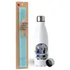 Easter Set, metallic stainless steel water bottle (750ml) & aromatic flat Easter candle (30cm) (TURQUOISE)
